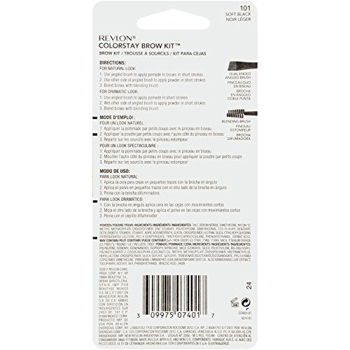 Revlon ColorStay Brow Kit, Includes Longwear Brow Powder, Clear Pomade, Dual-Ended Angled Tip Eyebrow Brush & Spoolie Brush, Soft Black (101), 0.08 oz Beauty & Personal Care REVLON
