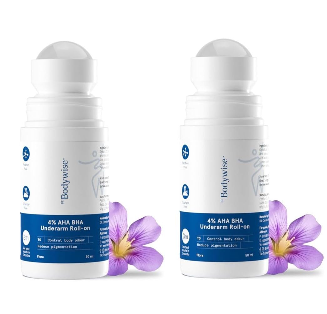 Be-Bodyvise's AHA BHA Underarm Roll On, 2% Lactic Acid, 1% Mandelic Acid, 1% Salicylic Acid, Flora Fragrance, Alcohol-Free, Aluminum-Free, 50ml, Pack Beauty and Personal Care Metrey Herbotech