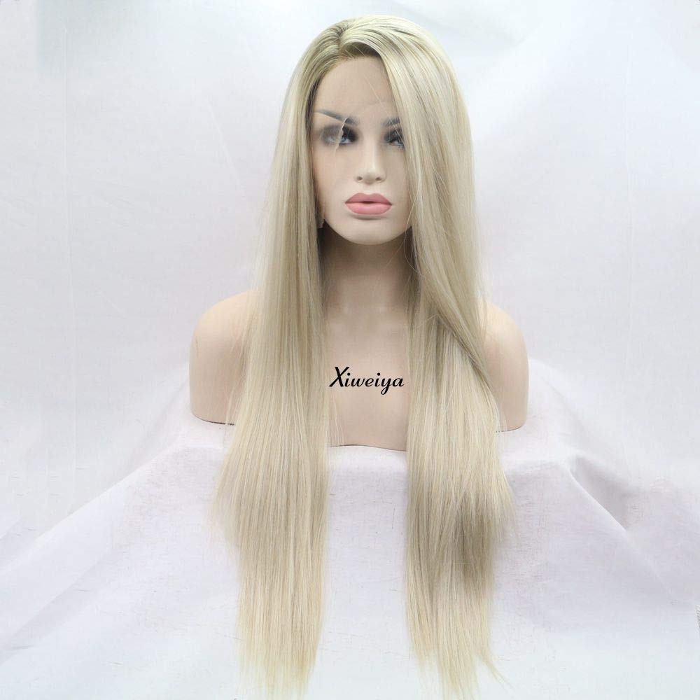 xiweiya Synthetic Long Straight Wig Ombre Light Blonde Wigs 13 * 3 Lace Wig for Women Daily Wear 24inches