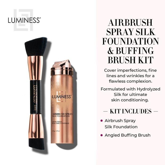 LUMINESS Silk Airbrush Spray Foundation & Buffing Brush Kit - Full Coverage Foundation & Dual-Sided Buffing Brush - Buildable Coverage, Anti-Aging Beauty & Personal Care LUMINESS