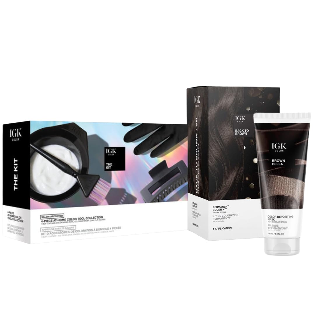 IGK At-Home Brown Hair Color System | Permanent Color, Tone-Refreshing Mask & Tools | Long-Lasting Color, Tone Refresh & Rich Shine Beauty & Personal Care IGK