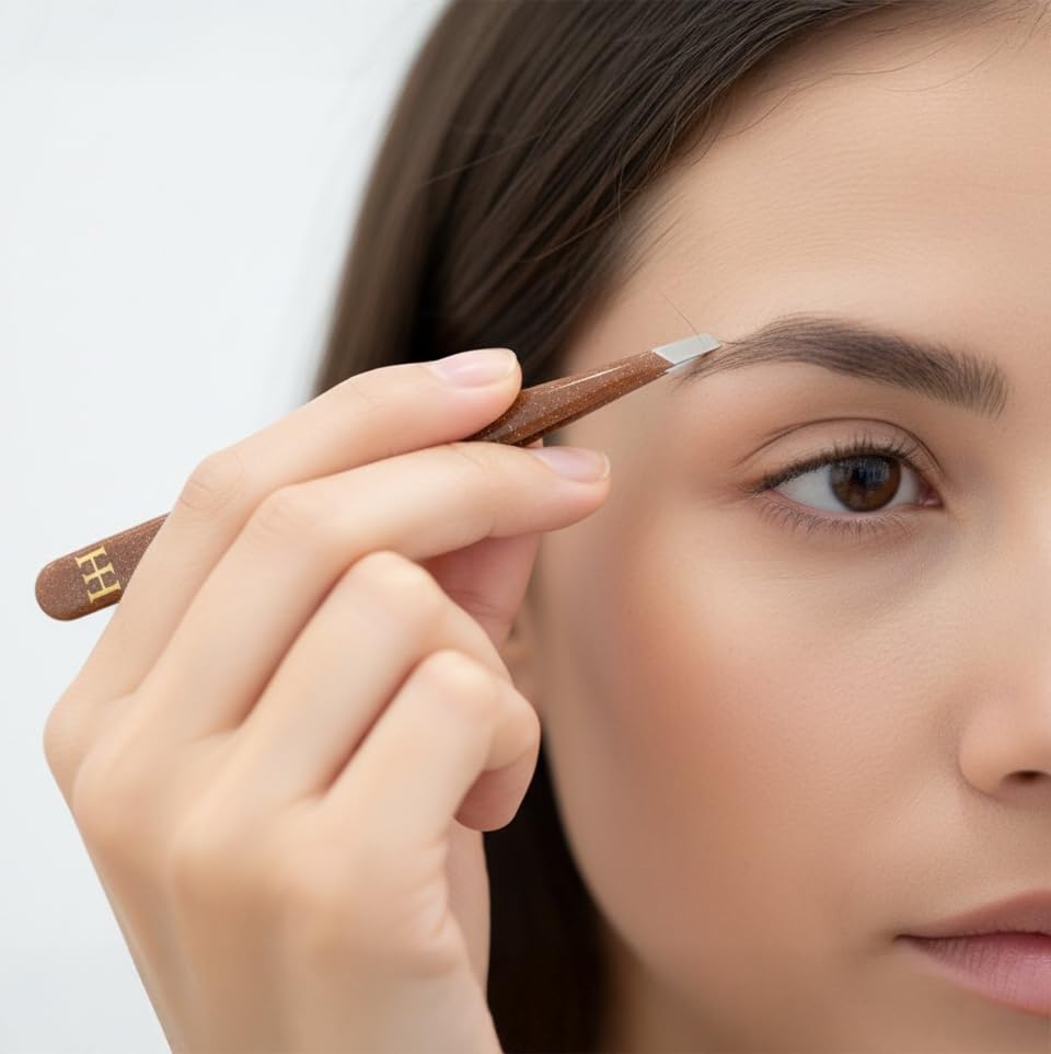 HH Tweezer - Professional Stainless Steel Eyebrow Tweezers with Genuine Leather Case for Makeup & Brow Artists (Brown) Beauty and Personal Care HH Beauty