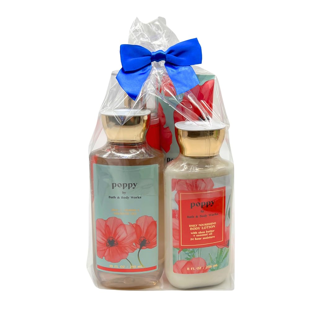 Bath & Body Works POPPY 4-Piece Deluxe Gift Set with a Blue Bow for Holidays & Gifts - Body Lotion, Shower Gel, Body Cream and Fine Fragrance Mist Beauty and Personal Care Bath & Body Works
