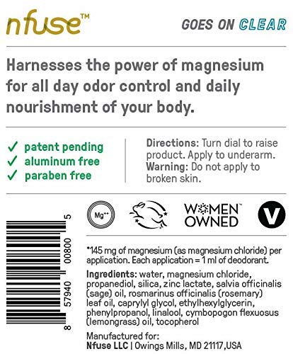 nfuse Natural Topical Magnesium Gel Deodorant, Long-Lasting Natural Odor Protection with USP-Grade Magnesium Chloride, Aluminum-Free, Paraben-Free Beauty and Personal Care nfuse