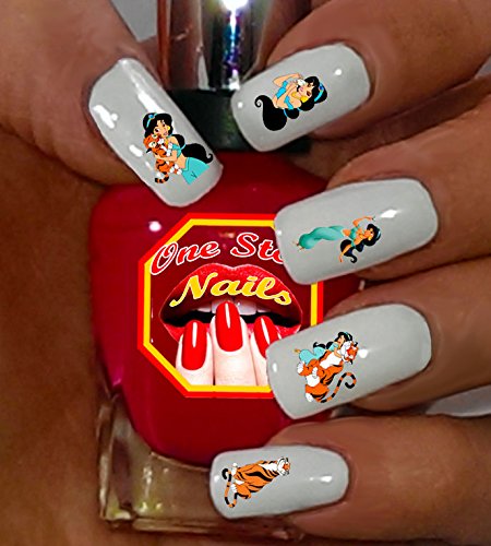 Princess Jasmine and Aladdin clear vinyl Peel and Stick (NOT Waterslide) nail art decals/stickers. Set of 60 by One Stop Nails.