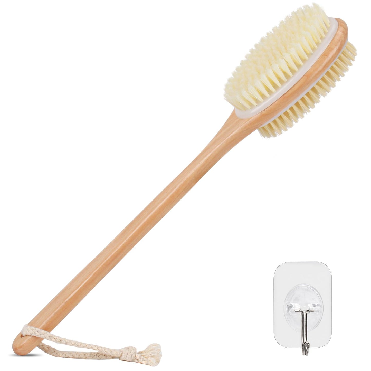Alyvisun Wooden Back Scrubber for Shower with Long Handle, Dual-Sided Bath Brush Body Scrubber with Stiff and Soft Bristles, Exfoliating Body Brush Beauty and Personal Care Alyvisun