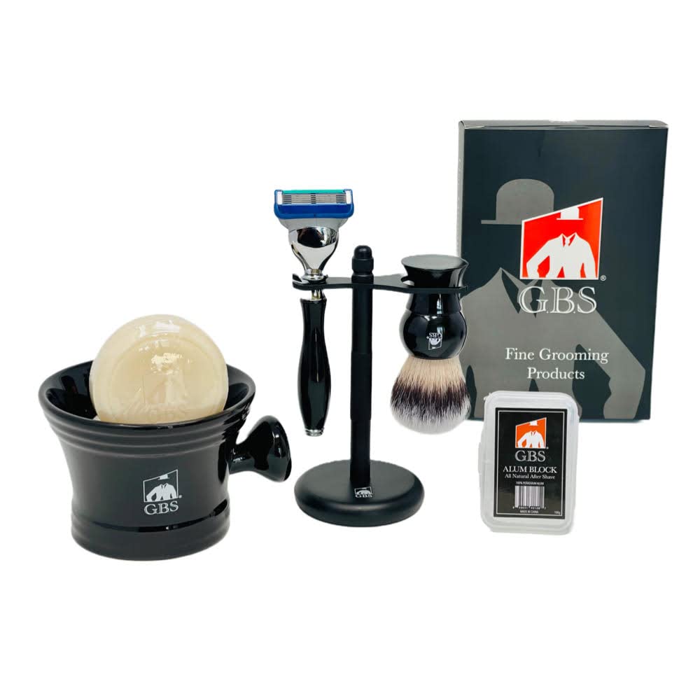 G.B.S Wet Shaving Kit, Black Razor Blade, Black Handle Synthetic Bristle Brush and Mug, Alum Block and Soap Beauty and Personal Care G.B.S