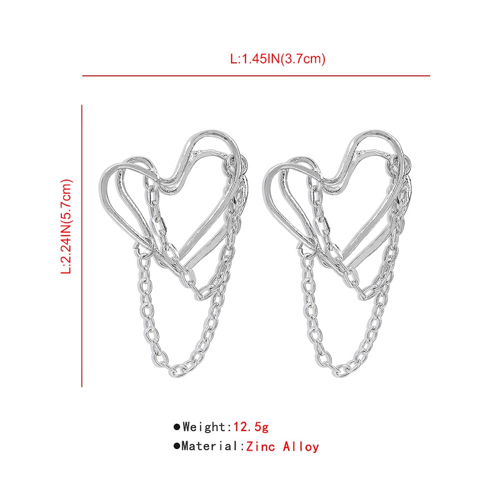 JWICOS Tassel Chain Drop Dangle Double Layer Big Heart Hoop Earrings for Women Punk Style (Silver) Beauty & Personal Care JWICOS