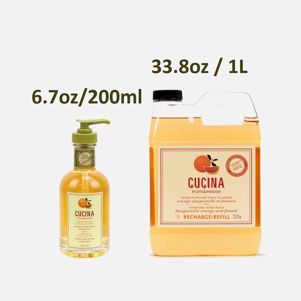 Cucina Fruits & Passion Sanguinelli Orange and Fennel Hand Soap Set, 6.7 fl oz Glass Bottle and 33.8 fl oz Refill, Made in Canada Beauty & Personal Care Cucina