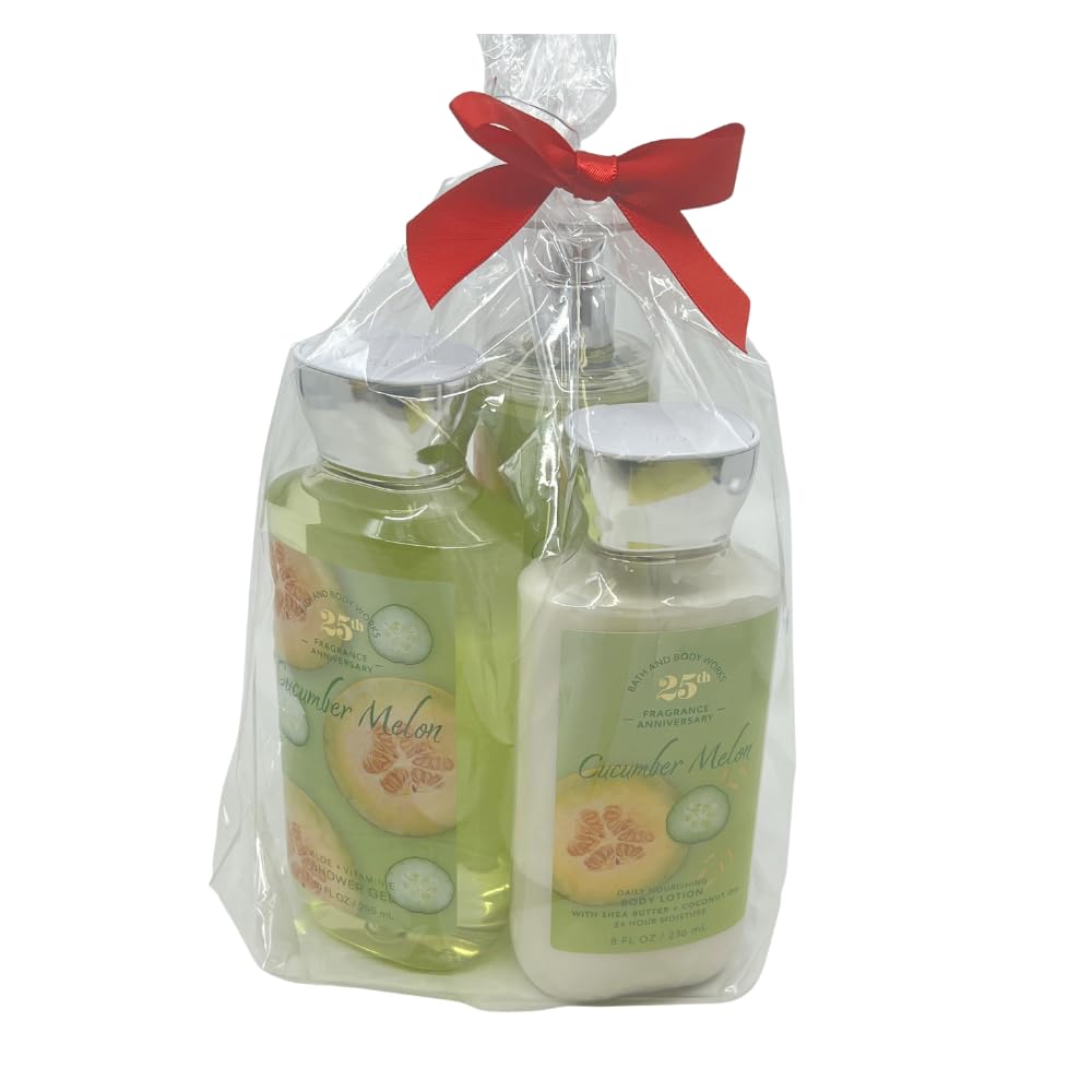 Bath & Body Works CUCUMBER MELON 3-piece Gift Set with a Red Bow for Holiday & Gifts - Mist, Shower Gel, and Body Lotion - Limited Edition Beauty & Personal Care Bath & Body Works