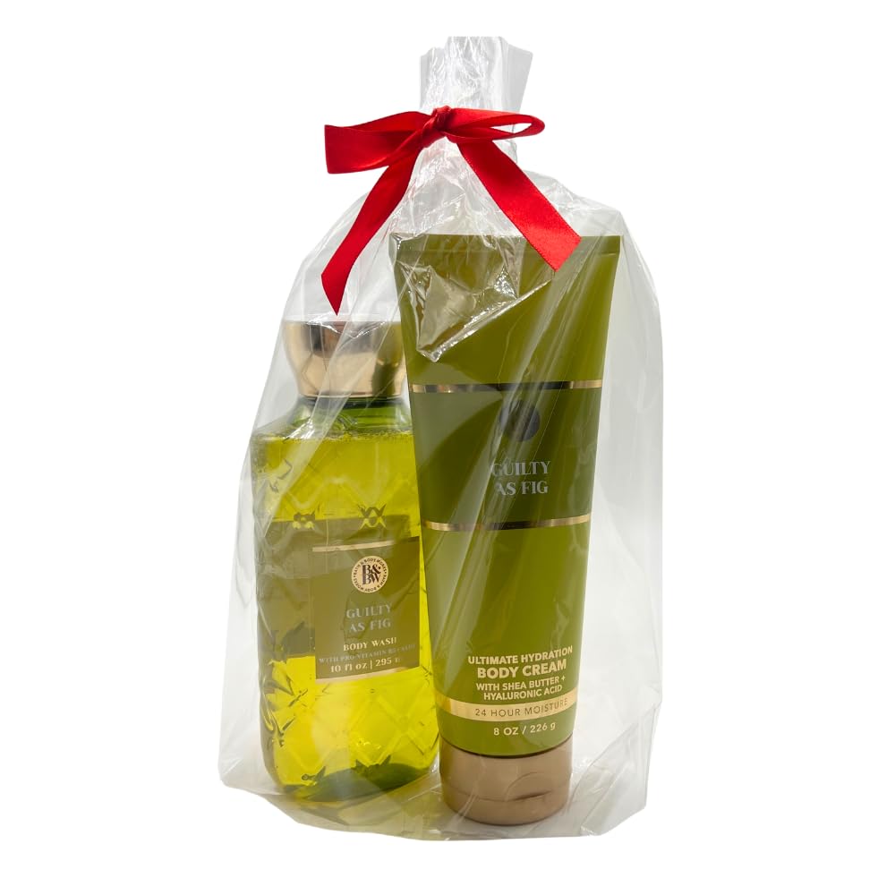 Bath & Body Works GUILTY AS FIG Body Wash & Ultimate Hydration Body Cream 2-piece Gift Set with a Red Bow for Holidays - Full Size Beauty and Personal Care Bath & Body Works