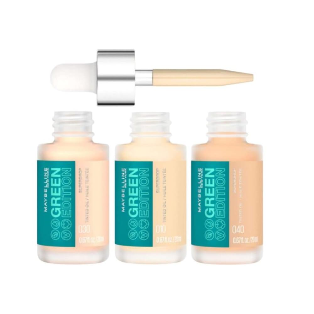 Maybelline Green Edition Superdrop Tinted Oil Base Makeup, Adjustable Natural Coverage Foundation Formulated With Jojoba & Marula Oil, 10, 1 Count