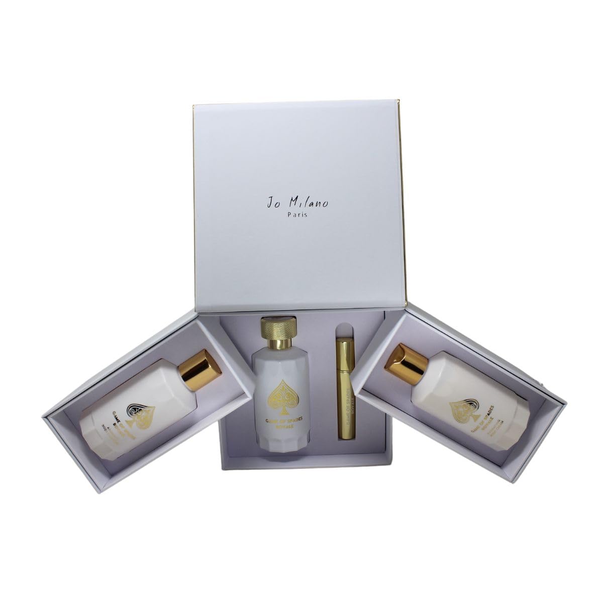 Jo Milano Game of Spades Royale 4-Piece Gift Set Unisex, (3.4 Oz Parfum Spray + 6.8 Oz Body Cleanser + 6.8 Oz Body Cream + 0.27 Oz Refillable Beauty and Personal Care Jo Milano