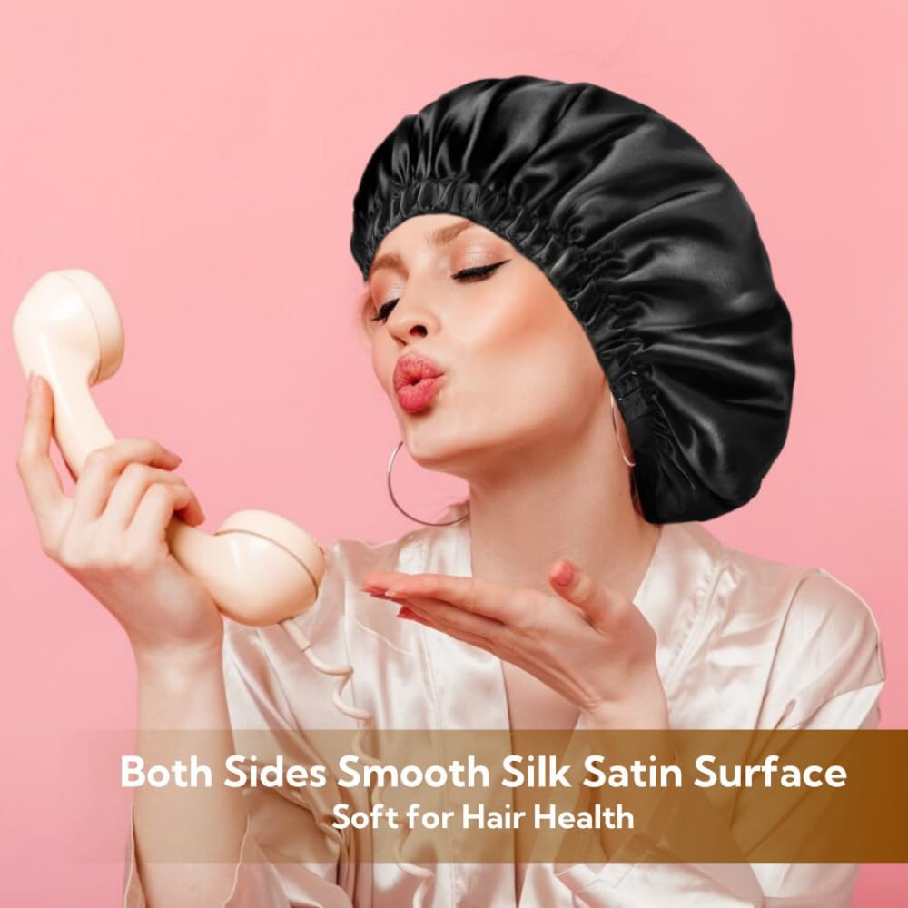 VECIIR Satin Bonnet Silk Bonnet for Sleeping Women and Men, Ajustable Hair Bonnet for Curly Hair with Double Layer Hair Bonnet,Black - Black,Medium Beauty and Personal Care VECIIR