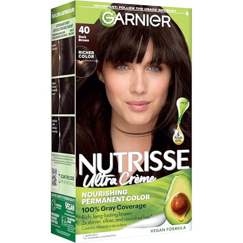 Garnier Nutrisse Ultra Crème Hair Color, Permanent Hair Dye with 100% Gray Coverage, Vegan & Cruelty-Free, 40 Dark Brown (Dark Chocolate), 1 Count Beauty & Personal Care Garnier