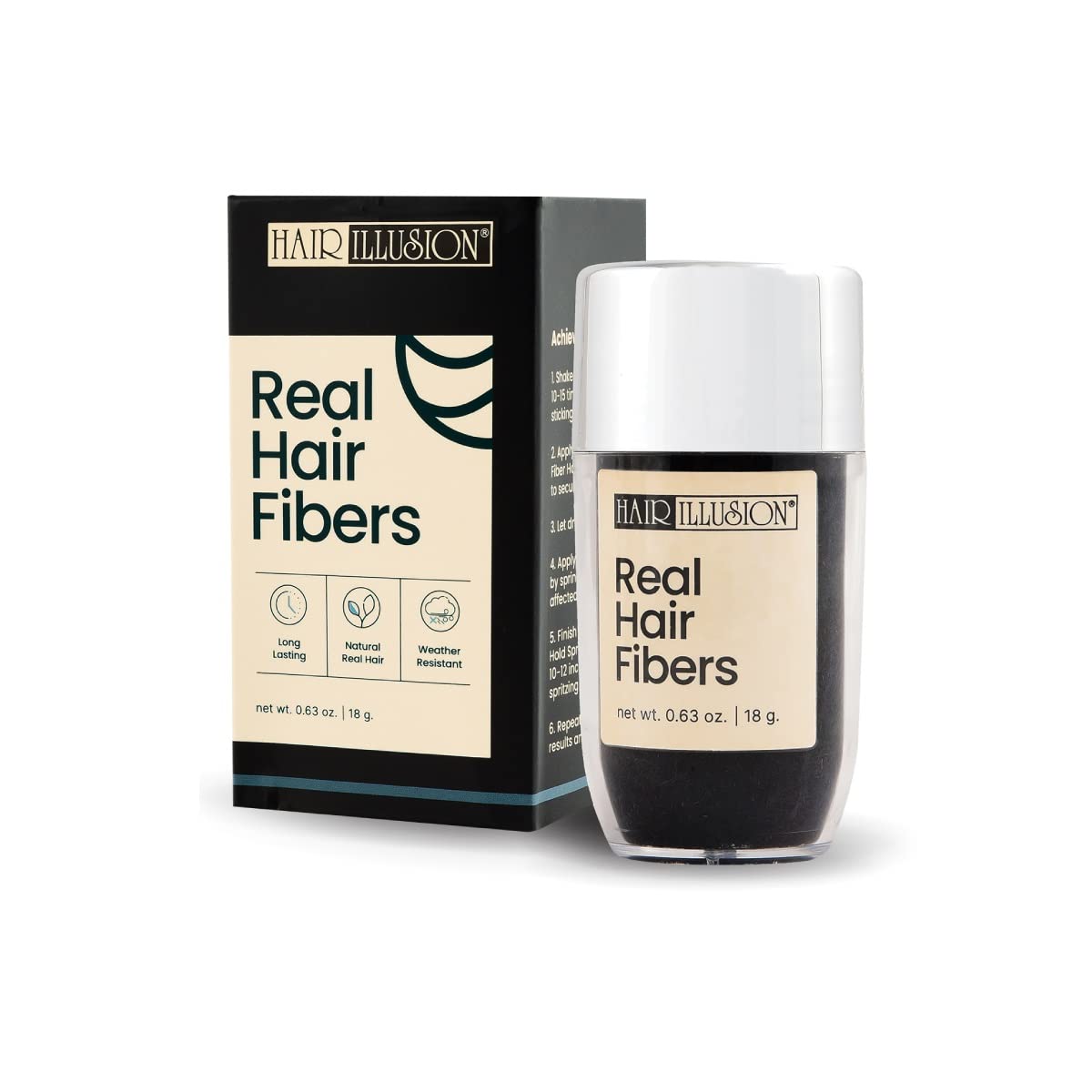 Hair Illusion Black Real Hair Fibers 18g – 100% Natural Texture, Non-Synthetic, Covers Thinning Hair & Bald Spots for Men & Women Beauty & Personal Care Hair Illusion