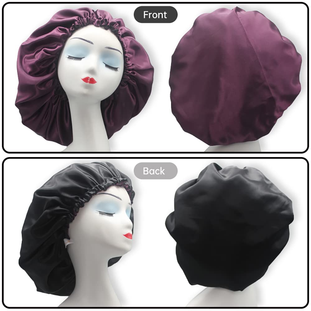 Satin Sleep Cap, Adjustable Satin Cap, Silk Bonnet, Reusable Bath Hair Cap for Night Sleeping Reversible Double Layer 2 Pack (Eggplant + Blush) Beauty & Personal Care Hanbertti