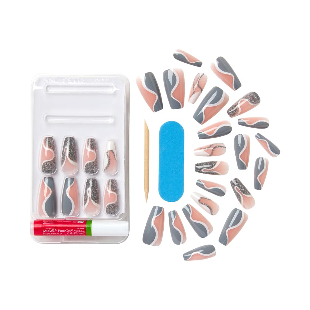 KISS False Nails Kit, Dreamdust Ready to Wear Gel Sculpted Nails, Stick and Glue Included, Long Length, Coffin Shape, Long-Lasting Hottest Trend Glue