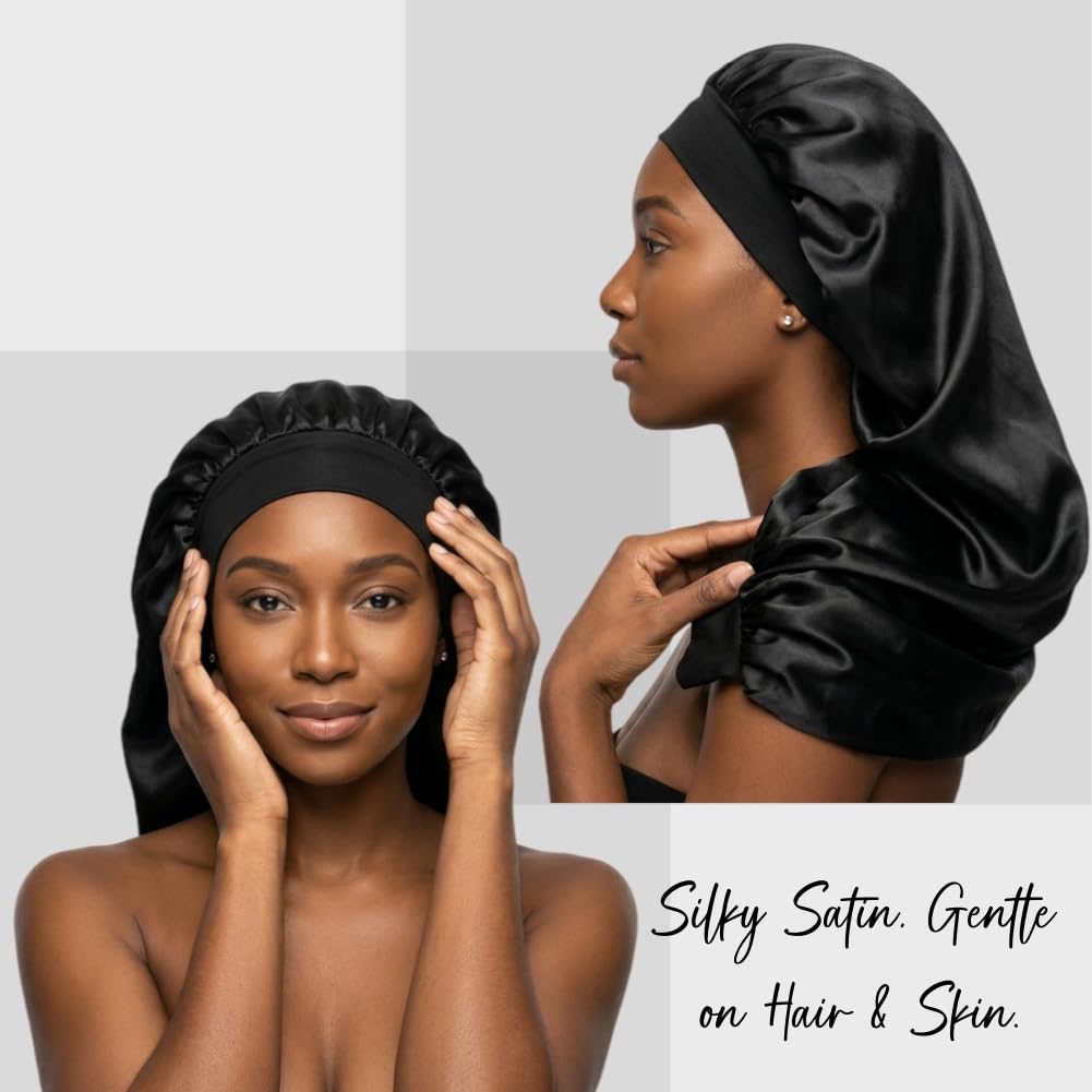 Black Silk Long Bonnet for Sleeping Women Braid Bonnet XL Large Satin Hair Bonnets for Sleeping Long Hair Silk Sleep Night Cap Beauty and Personal Care AILONSHAWN