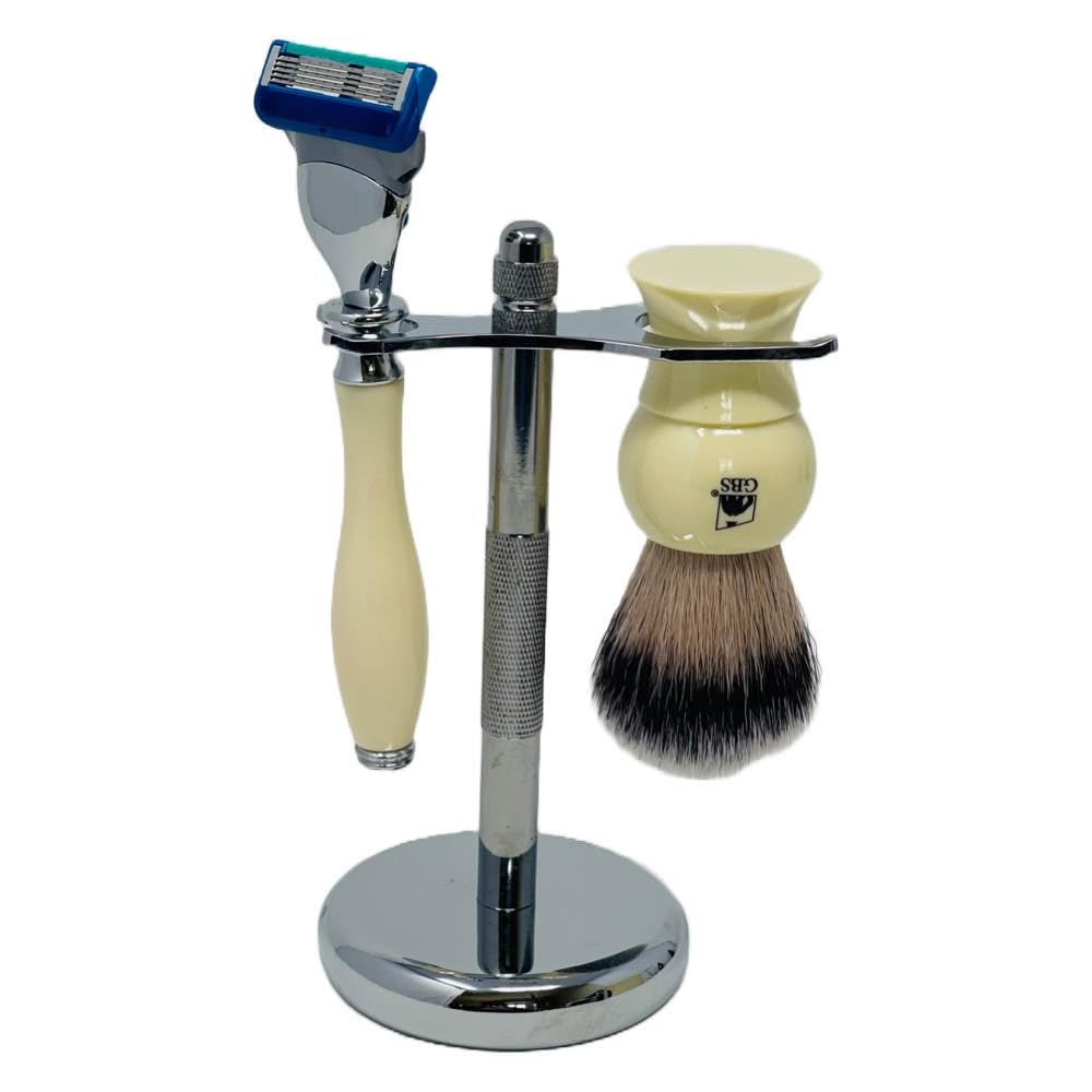 G.B.S Men's Shaving Set Five Blade Razor, Synthetic Brush and Razor Dual Stand, Ivory Shaving Mug with G.B.S Shave Soap Alum Block Travel Brush Tube Beauty and Personal Care G.B.S