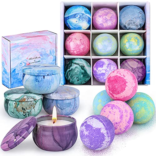 Bath Bombs Gift Set - 5 Large Fizzy Spa Bombs with 4 Scented Candles for Women - Moisturizing Bubble Bath with Essential Oils for Valentine's Beauty and Personal Care OFUN