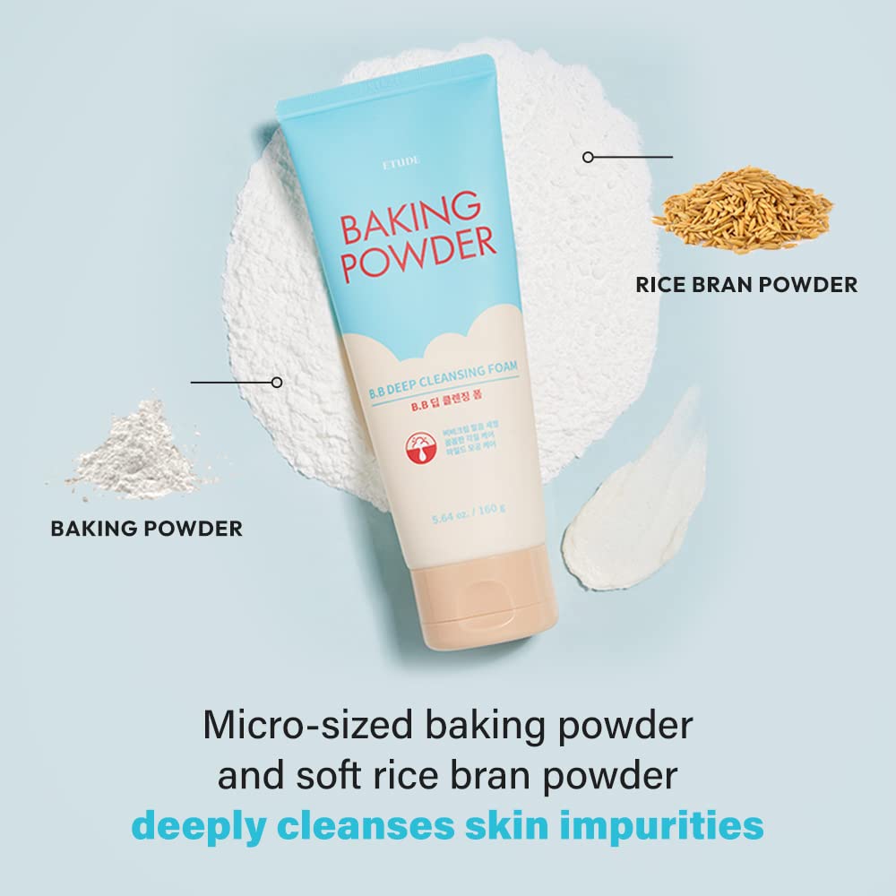 ETUDE Baking Powder B.B Deep Cleansing Foam, 2 in 1 Rice Bran + Baking Powder, Creamy Bubble + Scrub Exfoliate Skin, Fash Wash, Deep Cleanser Beauty & Personal Care ETUDE