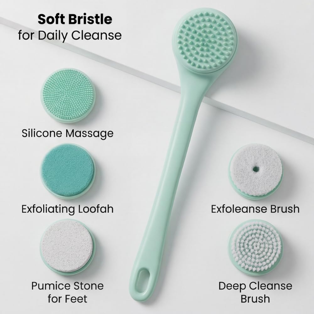 ME JO Electric Body Brush Back Scrubber for Shower - Massaging Spin Brush - 5 Replacement Heads - Waterproof - Rechargeable - Shower Back Scrubber Beauty and Personal Care ME JO