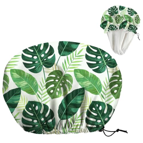 DELORIGIN Tropical Leaves Reusable Shower Cap Green Monstera Double Layer Waterproof Shower Caps Large Elastic Hair Cover Adjustable Hair - Drying Beauty and Personal Care DELORIGIN