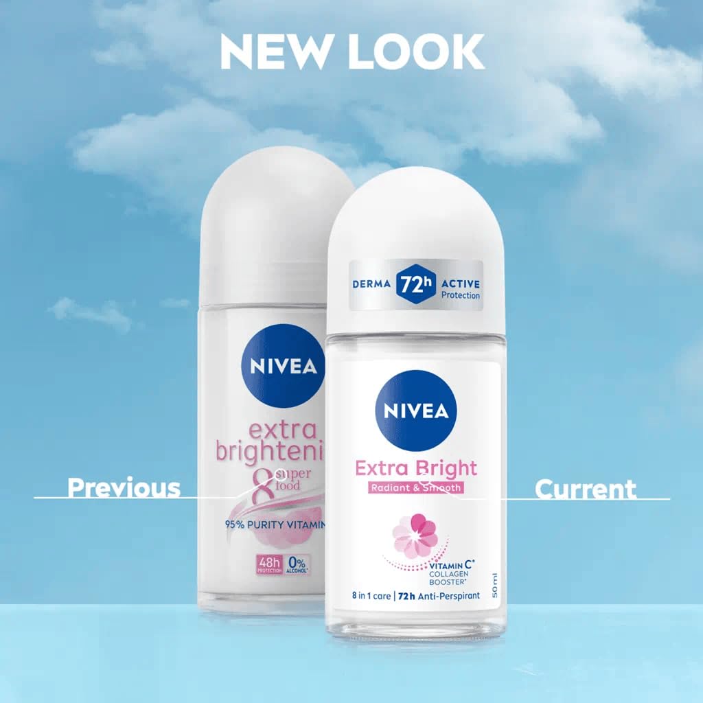 NIVEA Extra Bright 8 Super Food Vitamin C Collagen Booster Underarm Roll-On Deodorant, Alcohol-Free, 72HR Odor Protection, Smooth & Bright Skin, 50ml Beauty and Personal Care NIVEA