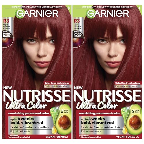 Garnier Hair Color Nutrisse Ultra Color Nourishing Creme, R3 Light Intense Auburn (Red Hibiscus) Permanent Hair Dye, 2 Count (Packaging May Vary) Beauty & Personal Care Garnier