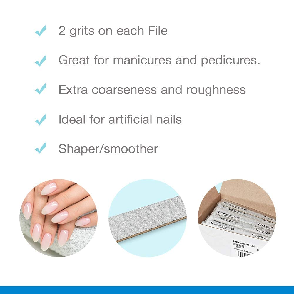 Flowery Disposable High-Speed Shiner, Dual-Grit 100/180 Nail Files, Individually Wrapped, Single-Use, 100 ct Beauty & Personal Care Flowery