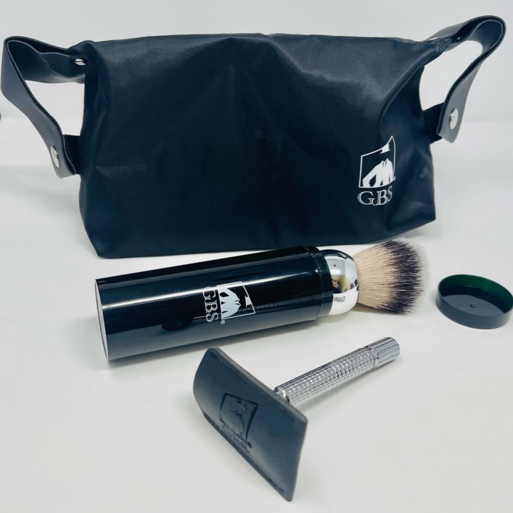 G.B.S Travel Shaving Kit- Steel Razor and Brush Stand, Chrome Double Edge Safety Razor + Leather Head Sleeve, Shave Brush + Travel Tube, Sandalwood Beauty and Personal Care G.B.S