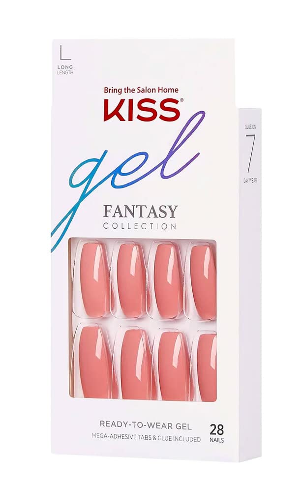 Kiss Gel Fantasy Collection Fake Nails Manicure Set, Pink, Long Length, Coffin Shaped, Style 'Urbane', with Mini Nail File, Pink Gel Nail Glue & 28