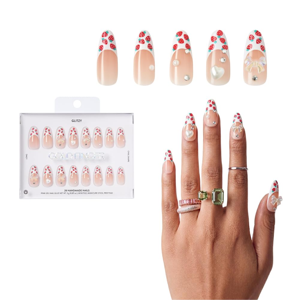 Glitzy 3D Handmade Press On Nail Kit, Rhinestone Strawberry French Tip Long Almond False Nail, Reusable & Lasts Up To 2 Weeks, Seamless Snug Fit