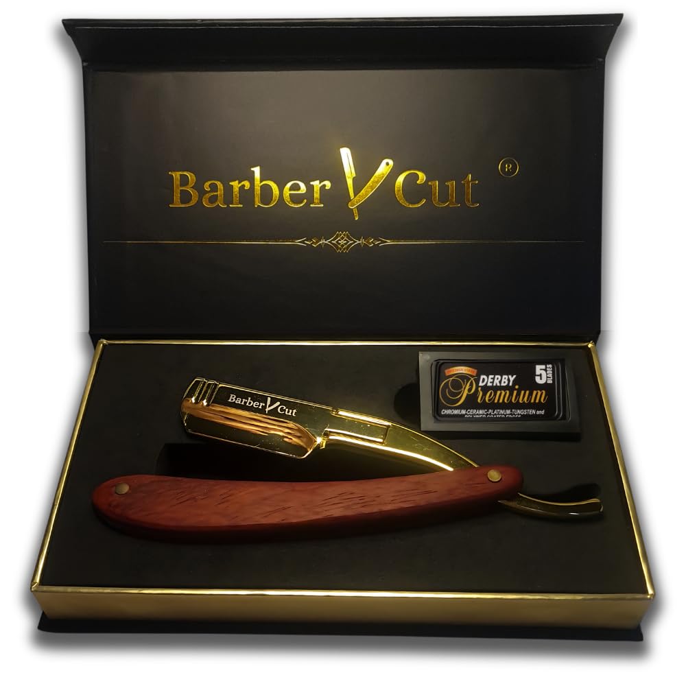 Barber Cut Men's Shaver Gift Box Shavette Cut Stainless Steel Cabbage Gold Colour and Precious Wood Beard Kit with Pack of 5 Double Professional Razor Beauty and Personal Care Barber Cut