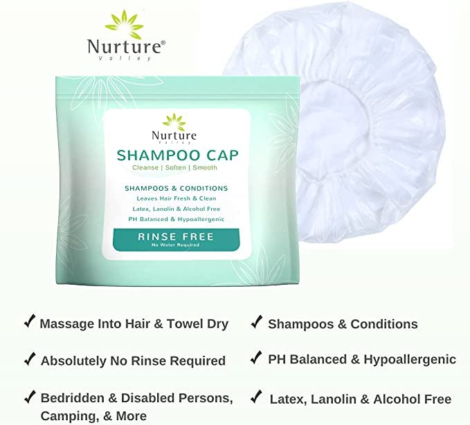 No Water Rinse Free Shampoo Cap by Nurture - Microwavable Washing & Conditioning Shower Caps to Wash Hair w/o Bath - Waterless Bathing - Disposable Beauty and Personal Care Nurture Valley
