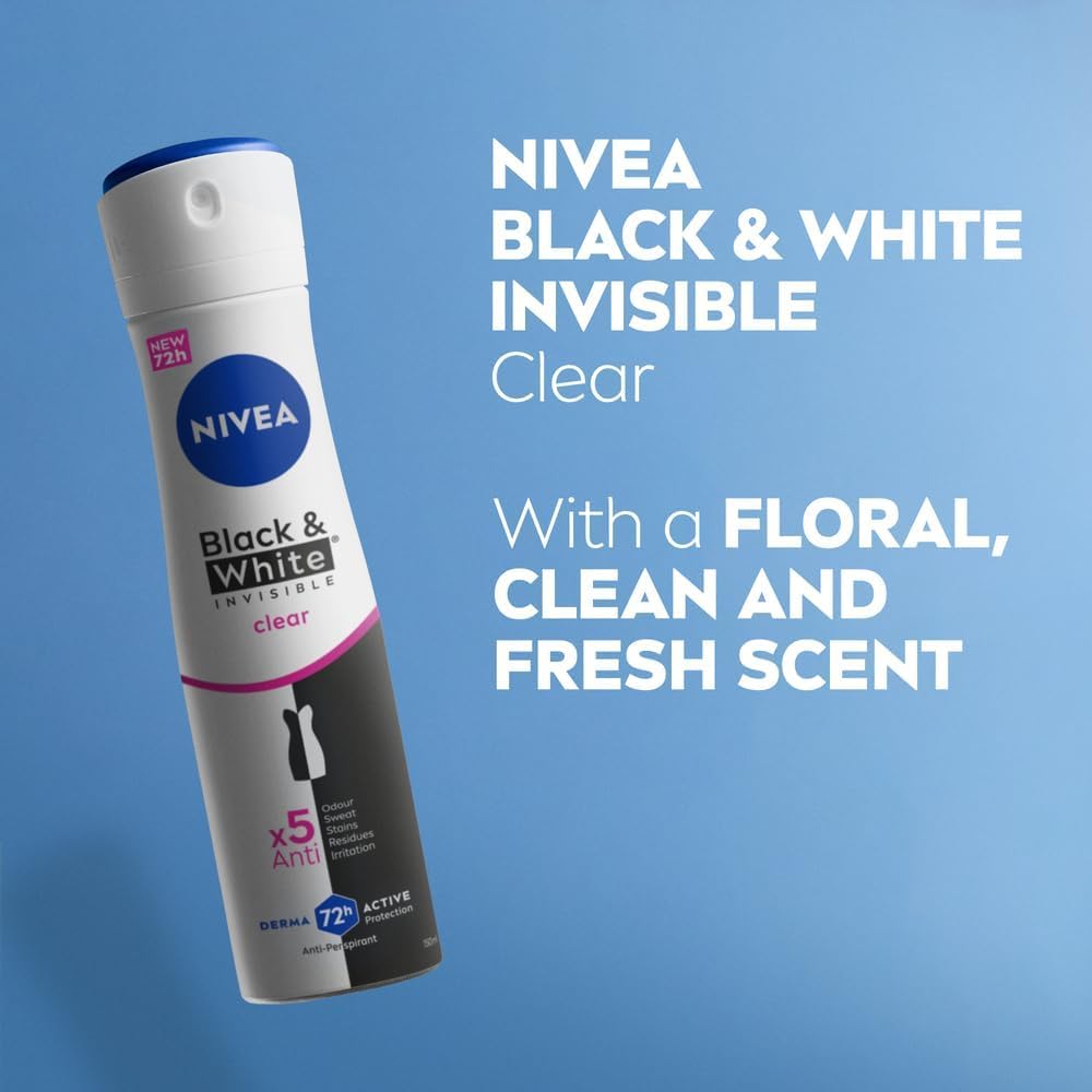 NIVEA Black & White Invisible Clear Anti-Perspirant Deodorant Spray 200ml - 72H Sweat & Odor Protection - Anti-Stain Formula for Black & White Clothes Beauty and Personal Care NIVEA
