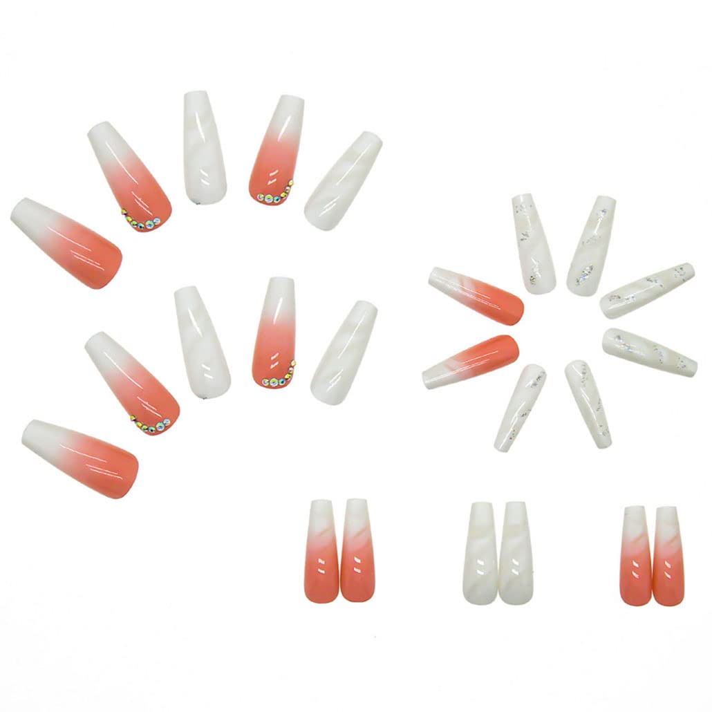 Foccna Gradient Pink Press on Nails Coffin Long Fake Nails Bling False Nails Rhinestone Design White Nails Full Cover False Nail Tips 24 pcs Beauty & Personal Care Foccna