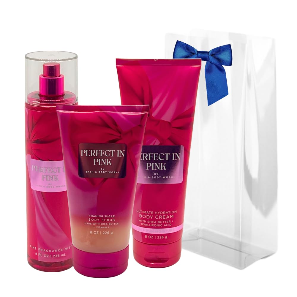 Bath & Body Works PERFECT IN PINK Fine Fragrance Mist, Ultimate Hydration Body Cream & Foaming Sugar Body Scrub 3-piece Gift Set with a Blue Bow Beauty and Personal Care Bath & Body Works