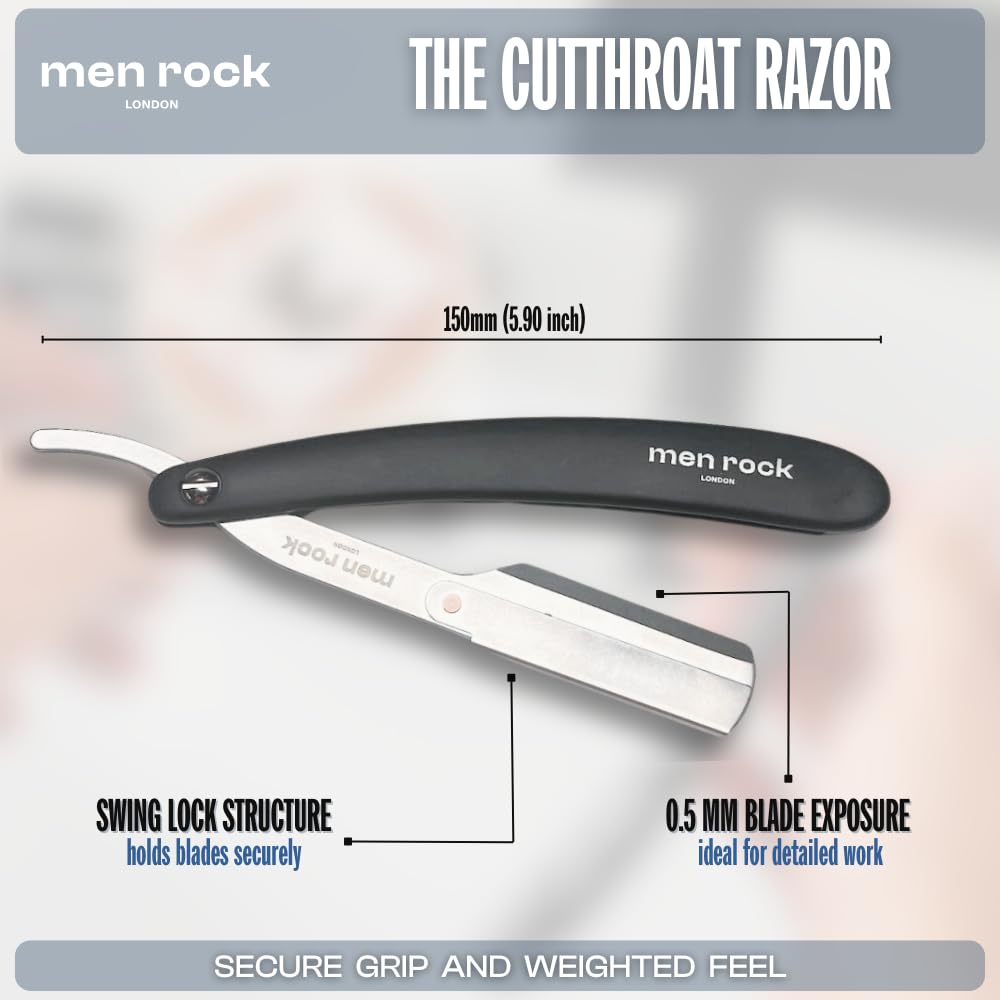 Men Rock The Cut Throat Razor - Stainless Steel Straight Razors for Men - With Replaceable Blades - Beard Shaping Tool - Beard Care for Men - 6 Pc Beauty and Personal Care Men Rock