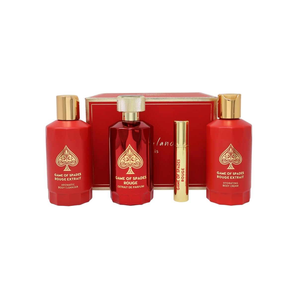 Jo Milano Game of Spades ROUGE EXTRAIT 4-Piece Gift Set Unisex, (3.4 Oz Extrait de Parfum Spray + 6.8 Oz Body Cleanser + 6.8 Oz Body Cream + 0.27 Oz Beauty & Personal Care Jo Milano