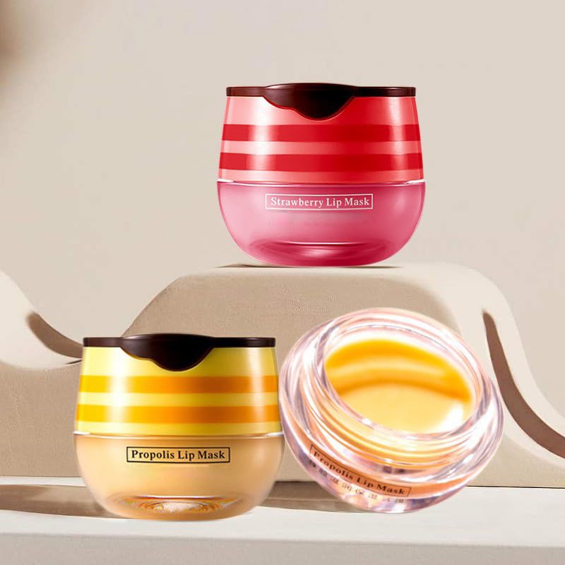 2 Pcs Lip Balm Honey Pot, Honey & Strawberry Moisturizing Lip Mask Reduces Lip Lines and Exfoliator, Prevention Dry & Cracked Lip. (Honey Beauty and Personal Care JISKG