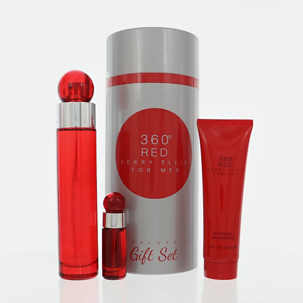 Perry Ellis 360 Red 3 Pieces Gift Set for Men, (3.4 Ounce Eau de Toilette Spray + 3.0 Ounce Shower Gel + 0.25 Ounce Eau de Toilette Mini Spray)