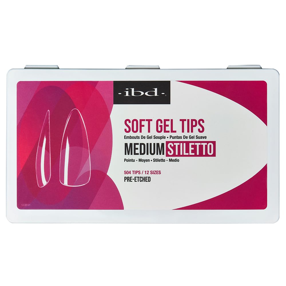 IBD Clear Soft Gel Nail Tips Almond Medium Stiletto - Pre-Etched Full Cover Nail Extensions for Acrylic & Gel Manicures, Lightweight Press On Nails