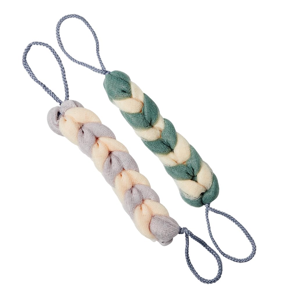 Éclat Long Stretch Back Loofah, Braided Mesh Shower Sponge with Rope Handles, Exfoliating Body Scrubber, Long Handle Bath Pouf for Deep Cleansing Beauty and Personal Care Éclat