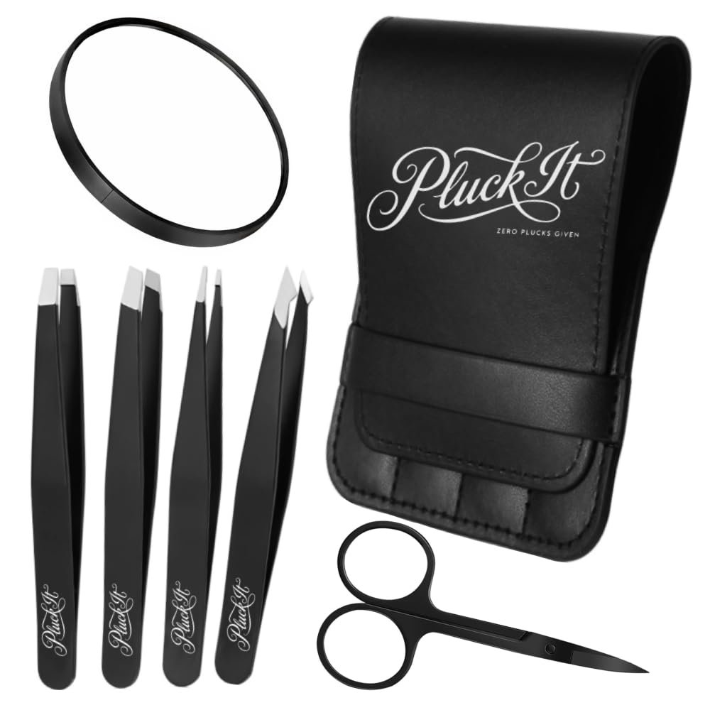 Pluck It 7pc Eyebrow Kit & Tweezers for Facial Hair Women & Men, Professional Precision Tweezers Eyebrow Set with 5X Magnifying Mirror & Scissors Beauty and Personal Care Coveted Cosmetics