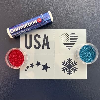 Lips & Face Glitter Kit - Snow/USA Stocking Stuffer - Biodegradbale Glitter - Includes 2 Glitter Colors + Stencil + Skin Balm to Apply - Perfect Beauty & Personal Care DERMATONE