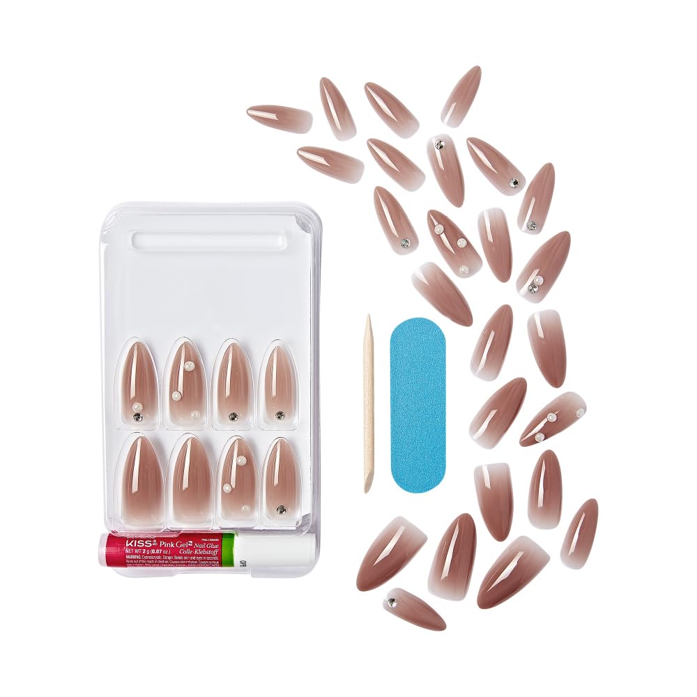 KISS False Nails Kit, Bare but Better Ready to Wear Sculpted Nails, Stick and Glue Included, Long Length, Almond Shape with Pearl Rhinestones