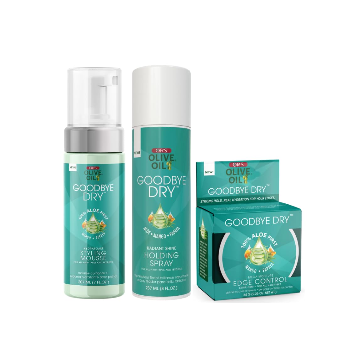 ORS Olive Oil Goodbye Dry Holding Spray, Extra Firm Gel & Styling Mousse for Hydration & Nourishing - Bundle