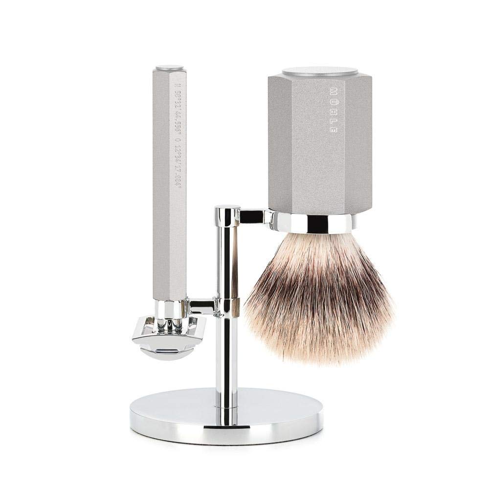 MÜHLE HEXAGON Anodised Silver Silvertip Fiber 3-Piece Shaving Set Beauty and Personal Care MÜHLE